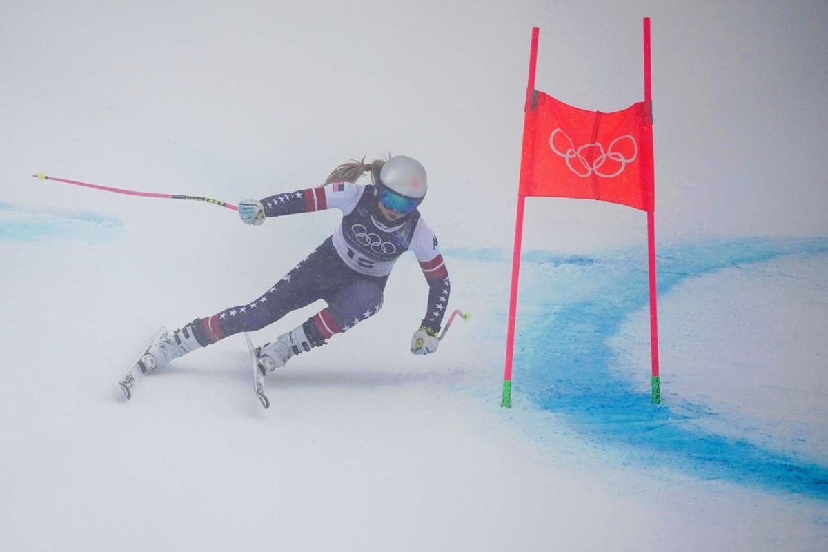 Feb 7, 2026; Cortina d'Ampezzo, ITALY; Lindsey Vonn of the United States during women's alpine skiing downhill training the Milano Cortina 2026 Olympic Winter Games at Tofane Alpine Skiing Centre. Mandatory Credit: Eric Bolte-Imagn Images