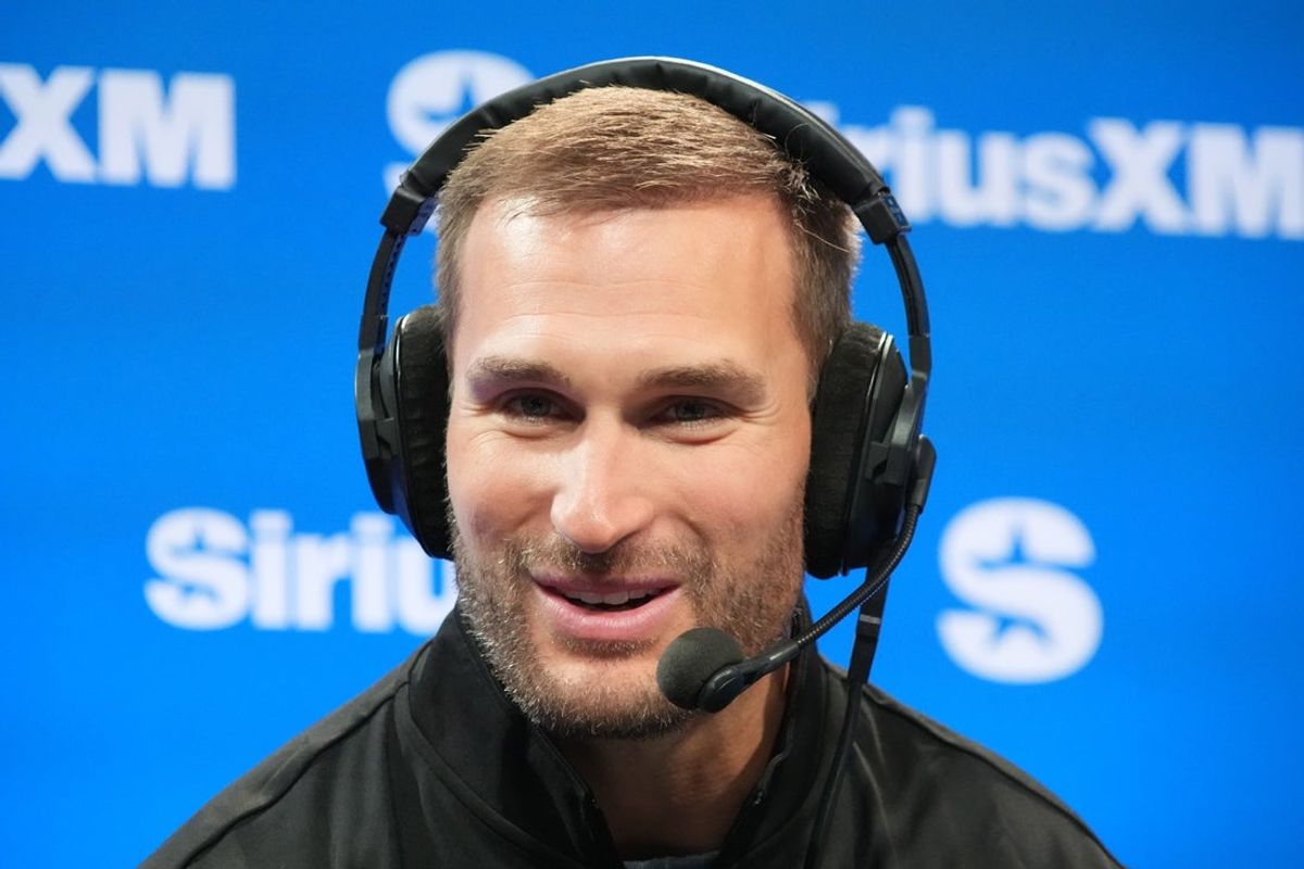 Feb 6, 2026; San Francisco, CA, USA; Kirk Cousins on the Opening Drive show at the SiriusXM NFL radio set at the Super Bowl LX media center at the Moscone Center. Mandatory Credit: Kirby Lee-Imagn Images