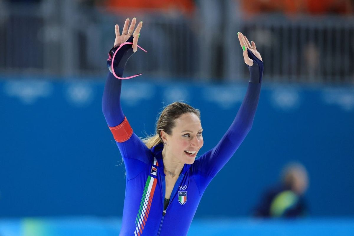 Feb 7, 2026; Milan, Italy; Francesca Lollobrigida of Italy reacts after racing in the women's speed skating 3000m during the Milano Cortina 2026 Olympic Winter Games at Milano Speed Skating Stadium. Mandatory Credit: Katie Stratman-Imagn Images