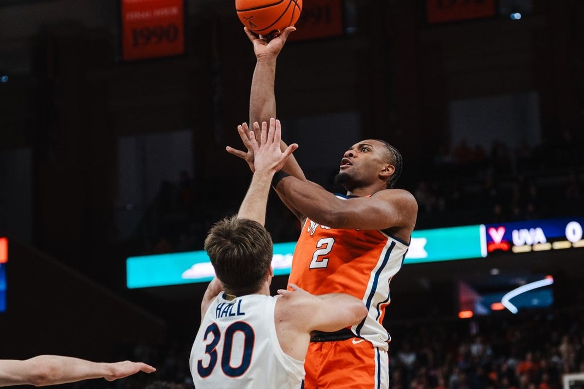 Feb 7, 2026; Charlottesville, Virginia, USA; Syracuse Orange guard JJ Starling (2) shoots the ball while Virginia Cavaliers guard Dallin Hall (30) defends during the first half at John Paul Jones Arena. Mandatory Credit: Emily Faith Morgan-Imagn Images
