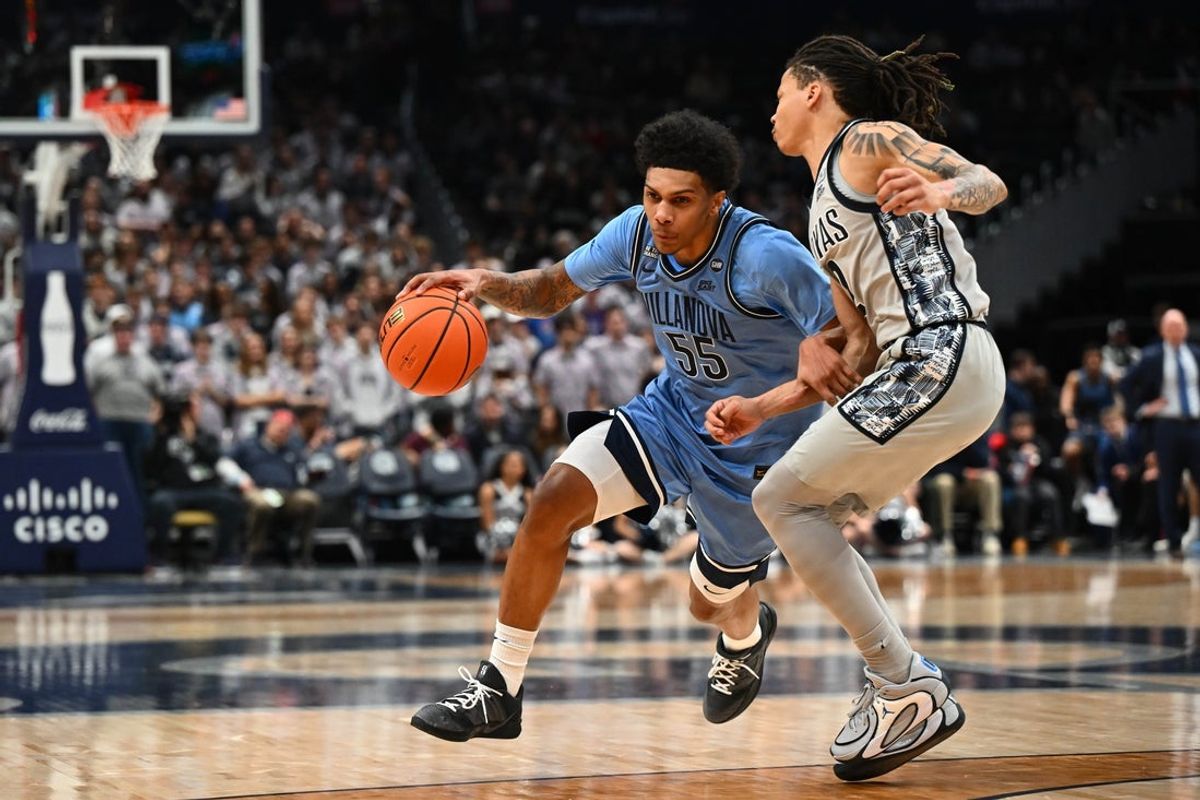 Feb 7, 2026; Washington, District of Columbia, USA; Villanova Wildcats guard Acaden Lewis (55) drives as Georgetown Hoyas guard Malik Mack (2) defends during the first half at Capital One Arena. Mandatory Credit: Brad Mills-Imagn Images
