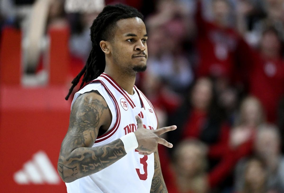 Feb 7, 2026; Bloomington, Indiana, USA; Indiana Hoosiers guard Lamar Wilkerson (3) celebrates after a play against the Wisconsin Badgers during the first half at Simon Skjodt Assembly Hall. Mandatory Credit: Robert Goddin-Imagn Images