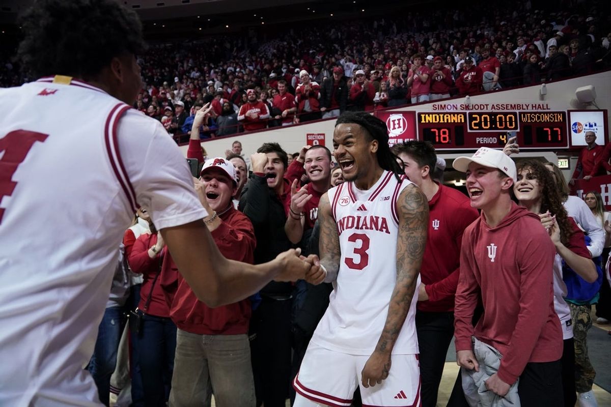 Feb 7, 2026; Bloomington, Indiana, USA; Indiana Hoosiers guard Lamar Wilkerson (3) celebrates after the game against the Wisconsin Badgers at Simon Skjodt Assembly Hall. Mandatory Credit: Robert Goddin-Imagn Images