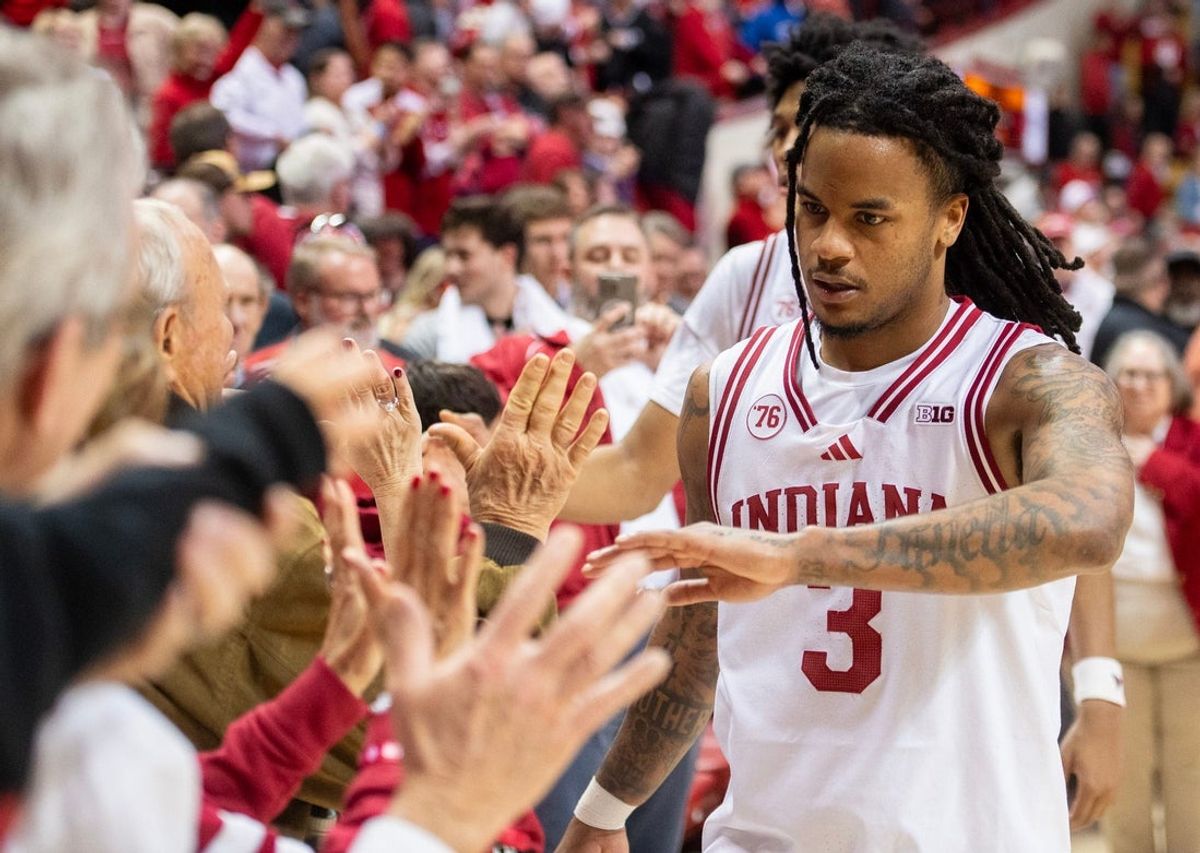 Indiana's Lamar Wilkerson (3) celebrates after the Indiana versus Wisconsin men's basketball game at Simon Skjodt Assembly Hall on Saturday, Feb. 7, 2026.