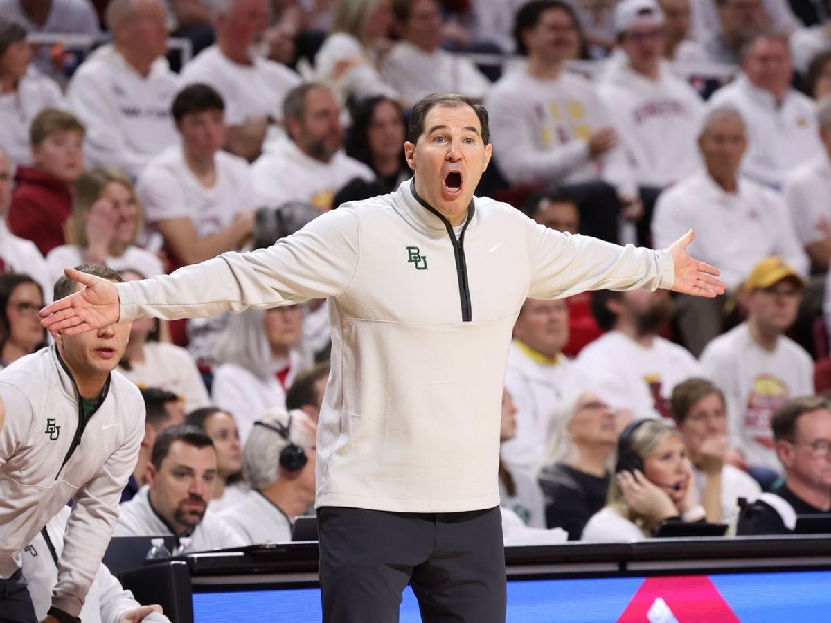 Feb 7, 2026; Ames, Iowa, USA; Baylor Bears head coach Scott Drew draws a technical found in their game with the Iowa State Cyclones during the first half at James H. Hilton Coliseum. Mandatory Credit: Reese Strickland-Imagn Images