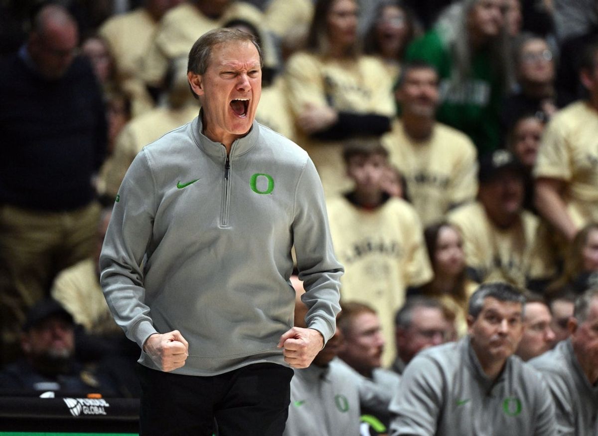 Feb 7, 2026; West Lafayette, Indiana, USA; Oregon Ducks head coach Dana Altman reacts to a call during the second half against the Purdue Boilermakers at Mackey Arena. Mandatory Credit: Marc Lebryk-Imagn Images