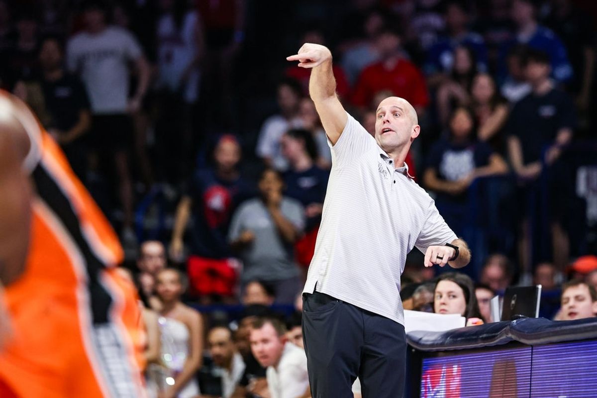 Feb 7, 2026; Tucson, Arizona, USA; Oklahoma State Cowboys head coach Steve Lutz yells out to his players during the first half of the game against the Arizona Wildcats at McKale Memorial Center. Mandatory Credit: Aryanna Frank-Imagn Images