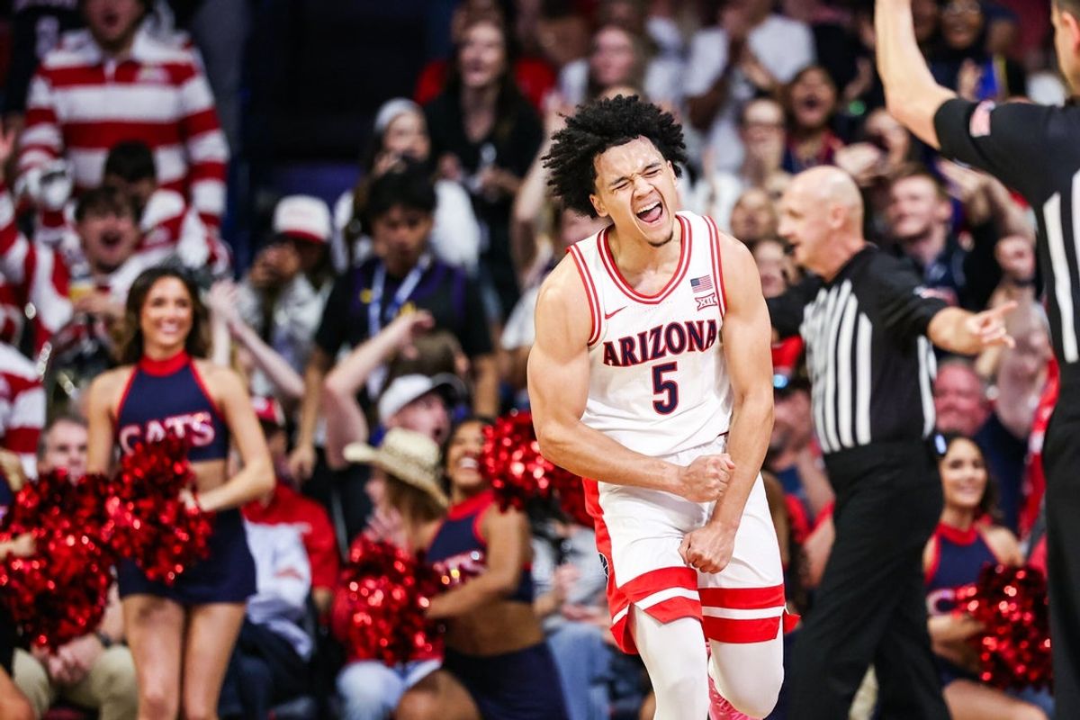 Feb 7, 2026; Tucson, Arizona, USA; Arizona Wildcats guard Brayden Burries (5) celebrates during the first half of the game against the Oklahoma State Cowboys at McKale Memorial Center. Mandatory Credit: Aryanna Frank-Imagn Images