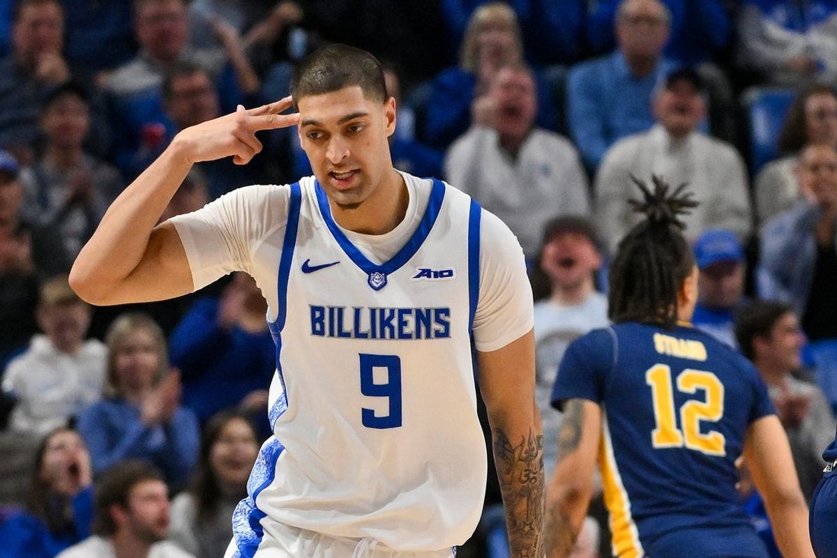 Feb 7, 2026; St. Louis, Missouri, USA;  Saint Louis Billikens forward Ishan Sharma (9) reacts after making a three point shot against the La Salle Explorers during the second half at Chaifetz Arena. Mandatory Credit: Jeff Curry-Imagn Images