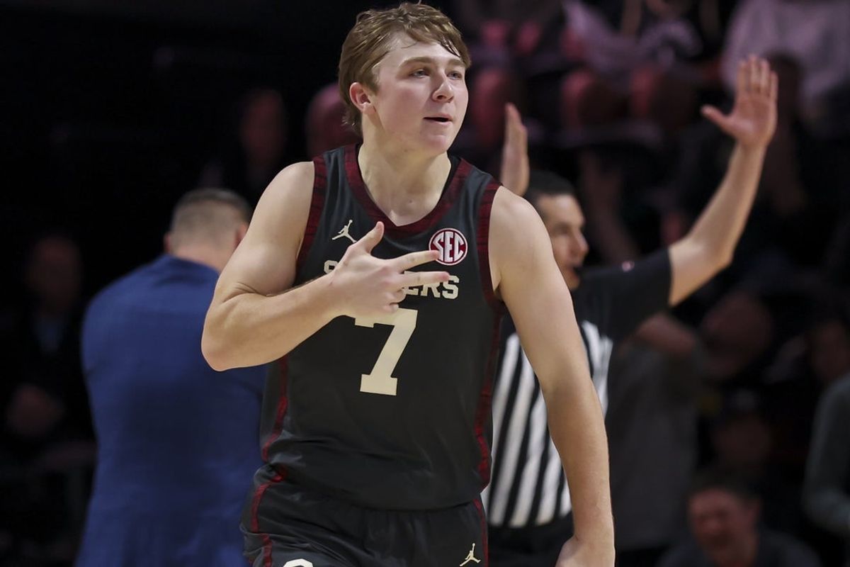 Feb 7, 2026; Nashville, Tennessee, USA;  Oklahoma Sooners guard Dayton Forsythe (7) reacts after a made three point basket against the Vanderbilt Commodores during the second half at Memorial Gymnasium. Mandatory Credit: Steve Roberts-Imagn Images