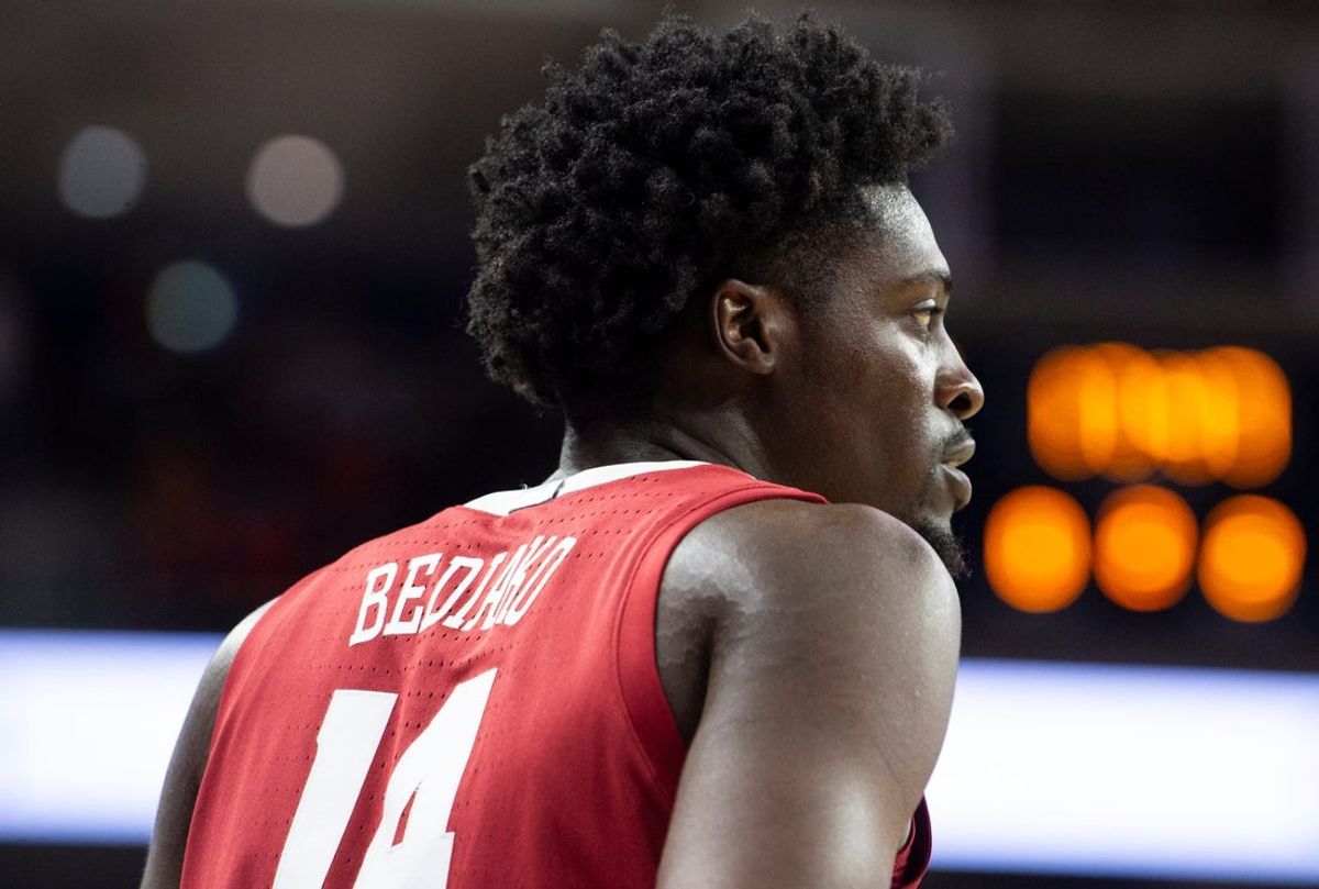 Alabama Crimson Tide center Charles Bediako (14) as Auburn Tigers take on Alabama Crimson Tide at Neville Arena in Auburn, Ala. on Saturday, Feb. 7, 2026. Alabama Crimson Tide defeated Auburn Tigers 96-92.