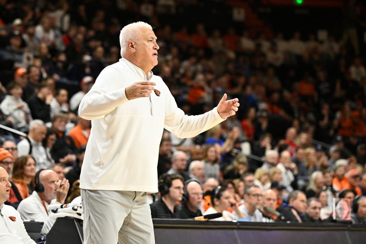 Feb 7, 2026; Corvallis, Oregon, USA; Oregon State Beavers head coach Wayne Tinkle during the first half against the Gonzaga Bulldogs at Gill Coliseum. Mandatory Credit: Craig Strobeck-Imagn Images