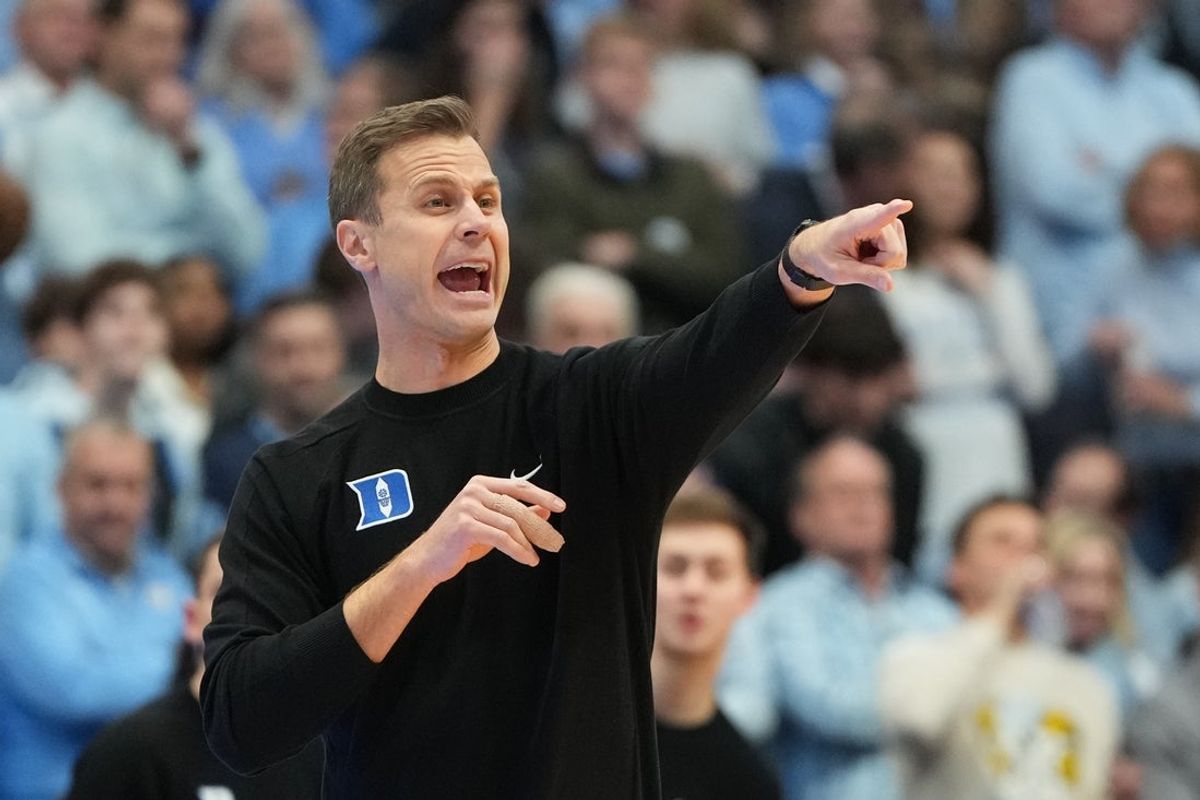 Feb 7, 2026; Chapel Hill, North Carolina, USA;  Duke Blue Devils head coach Jon Scheyer reacts in the first  half at Dean E. Smith Center. Mandatory Credit: Bob Donnan-Imagn Images