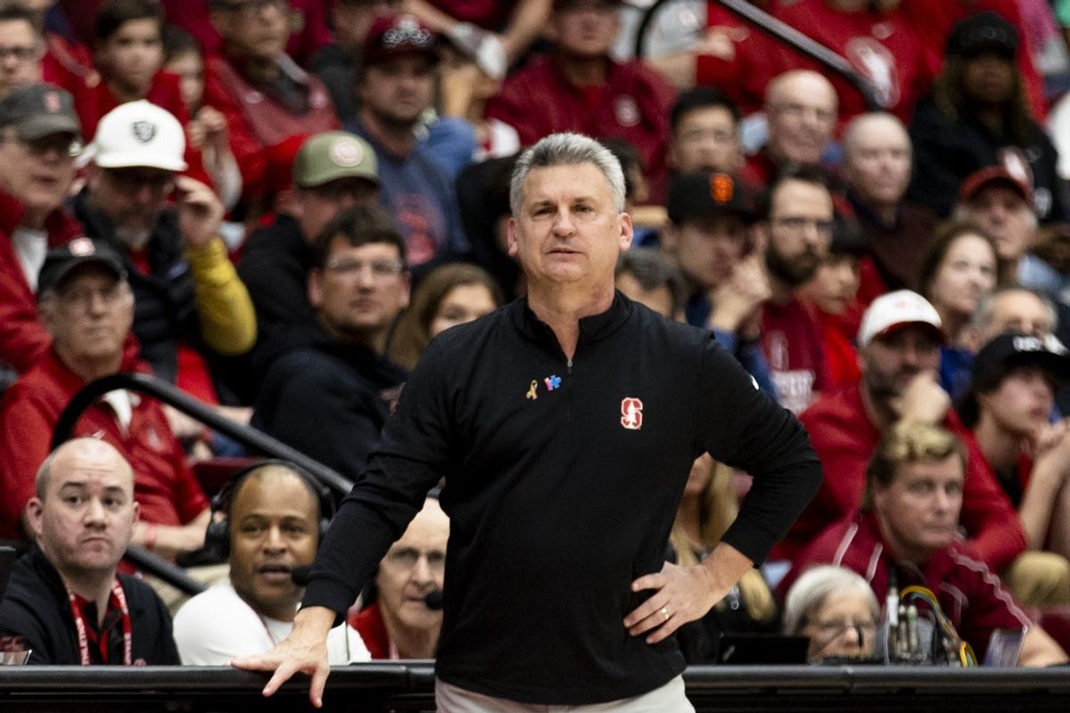Feb 7, 2026; Stanford, California, USA; Stanford Cardinal head coach Kyle Smith watches the game against the Georgia Tech Yellow Jackets during the second half at Maples Pavilion. Mandatory Credit: John Hefti-Imagn Images