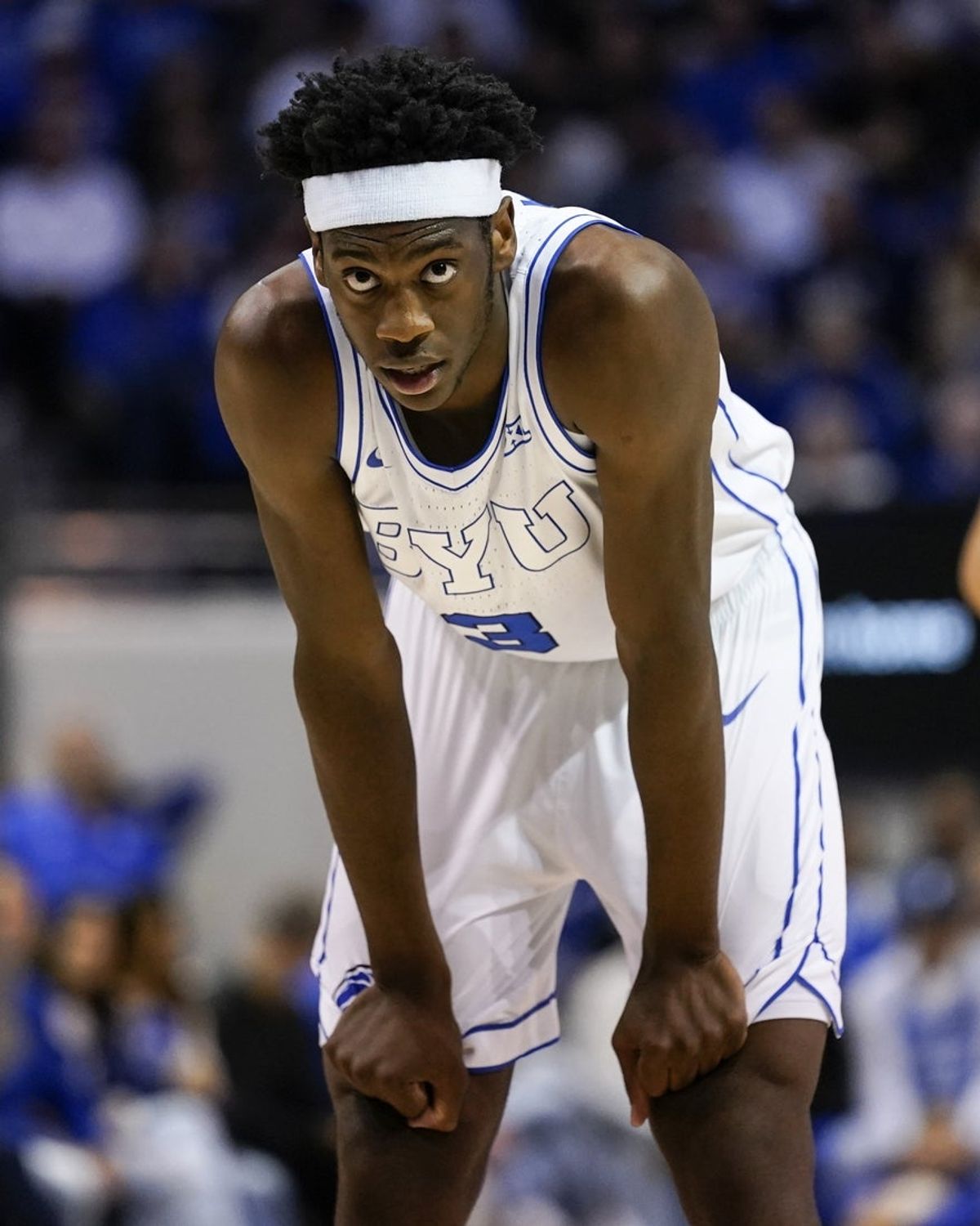 Feb 7, 2026; Provo, Utah, USA; BYU Cougars forward AJ Dybantsa (3) looks on during the first half against the Houston Cougars at Marriott Center. Mandatory Credit: Aaron Baker-Imagn Images