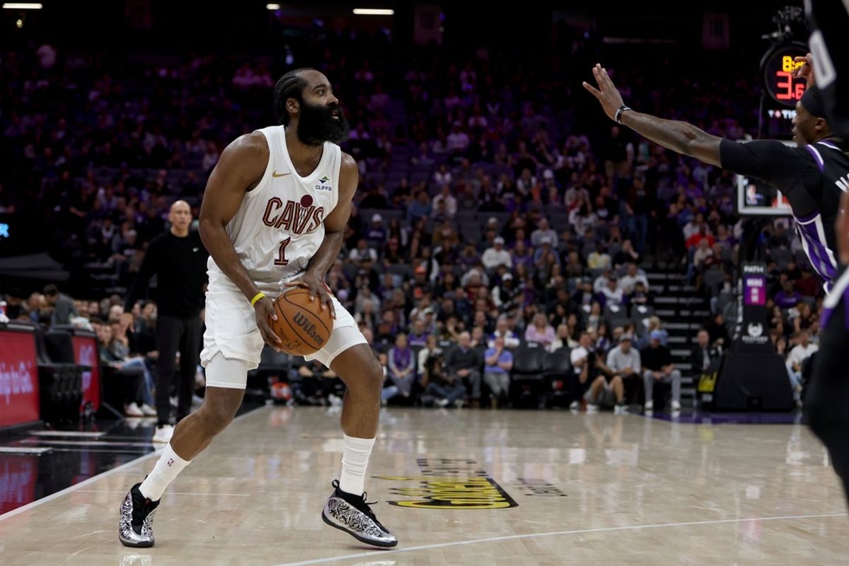Feb 7, 2026; Sacramento, California, USA; Cleveland Cavaliers guard James Harden (1) shoots the ball against the Sacramento Kings during the third quarter at Golden 1 Center. Mandatory Credit: Dennis Lee-Imagn Images