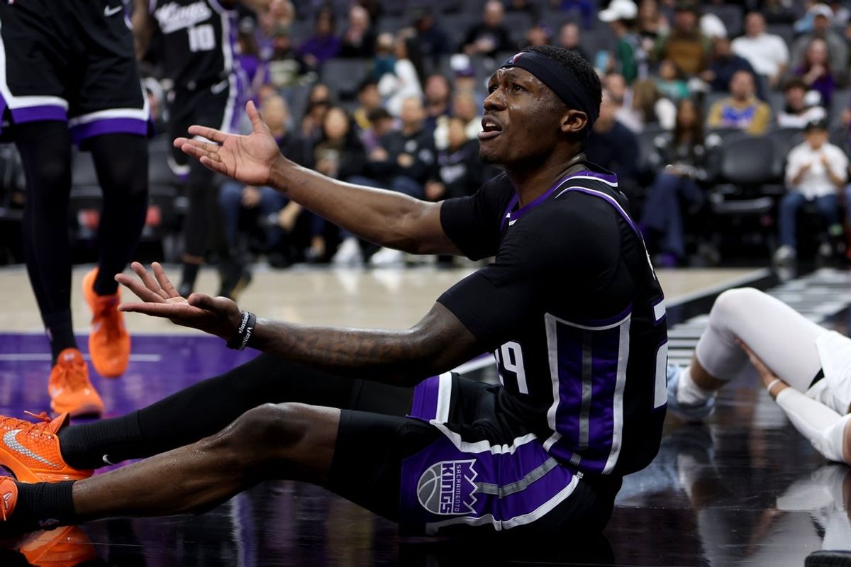 Feb 7, 2026; Sacramento, California, USA; Sacramento Kings guard-forward Daeqwon Plowden (29) reacts after getting charged for a foul against the Cleveland Cavaliers during the third quarter at Golden 1 Center. Mandatory Credit: Dennis Lee-Imagn Images
