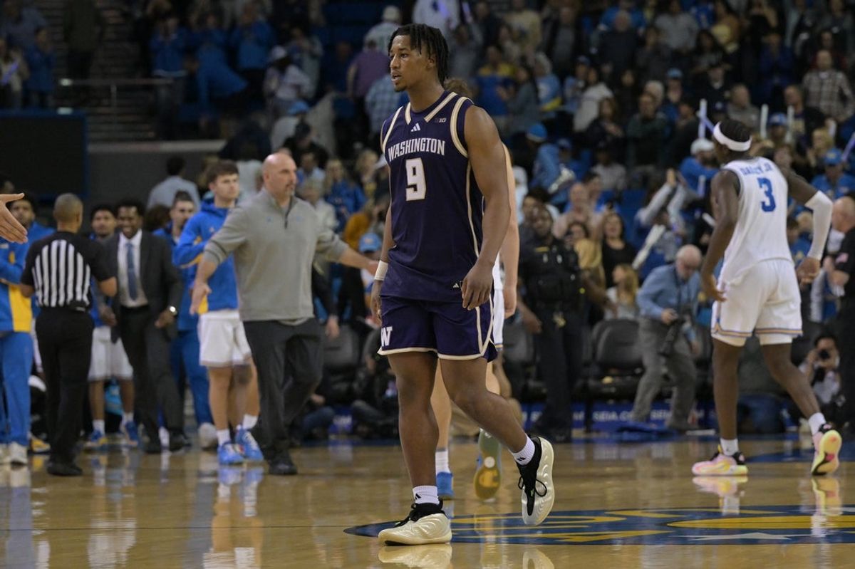 Feb 7, 2026; Los Angeles, California, USA;  Washington Huskies guard Wesley Yates III (9) leaves the court after the game against the UCLA Bruins at Pauley Pavilion presented by Wescom Financial. Mandatory Credit: Jayne Kamin-Oncea-Imagn Images