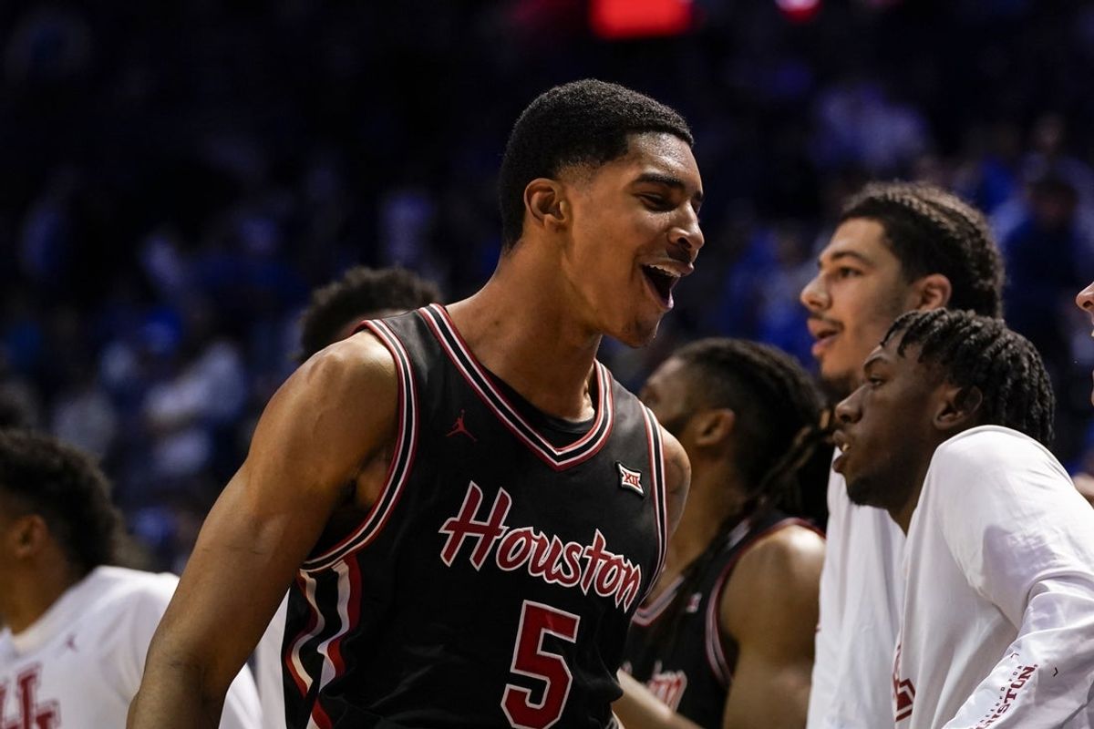 Feb 7, 2026; Provo, Utah, USA; Houston Cougars forward Chris Cenac Jr. (5) reacts during the second half against the BYU Cougars at Marriott Center. Mandatory Credit: Aaron Baker-Imagn Images