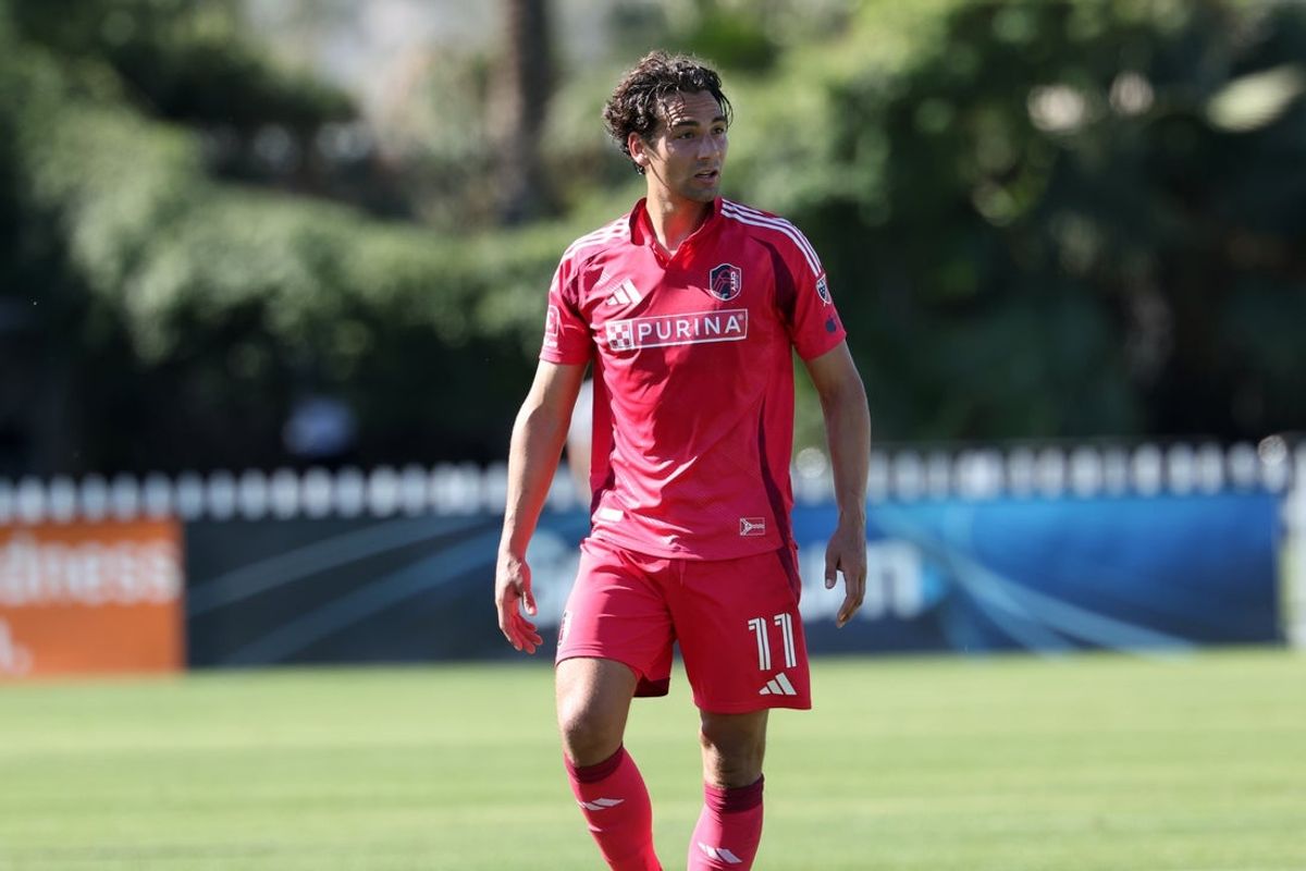 Feb 7, 2026; Indio, California, USA;  St. Louis CITY SC forward Simon Becher (11) looks on during the MLS preseason match against Austin FC at Empire Polo Club. Mandatory Credit: Kiyoshi Mio-Imagn Images