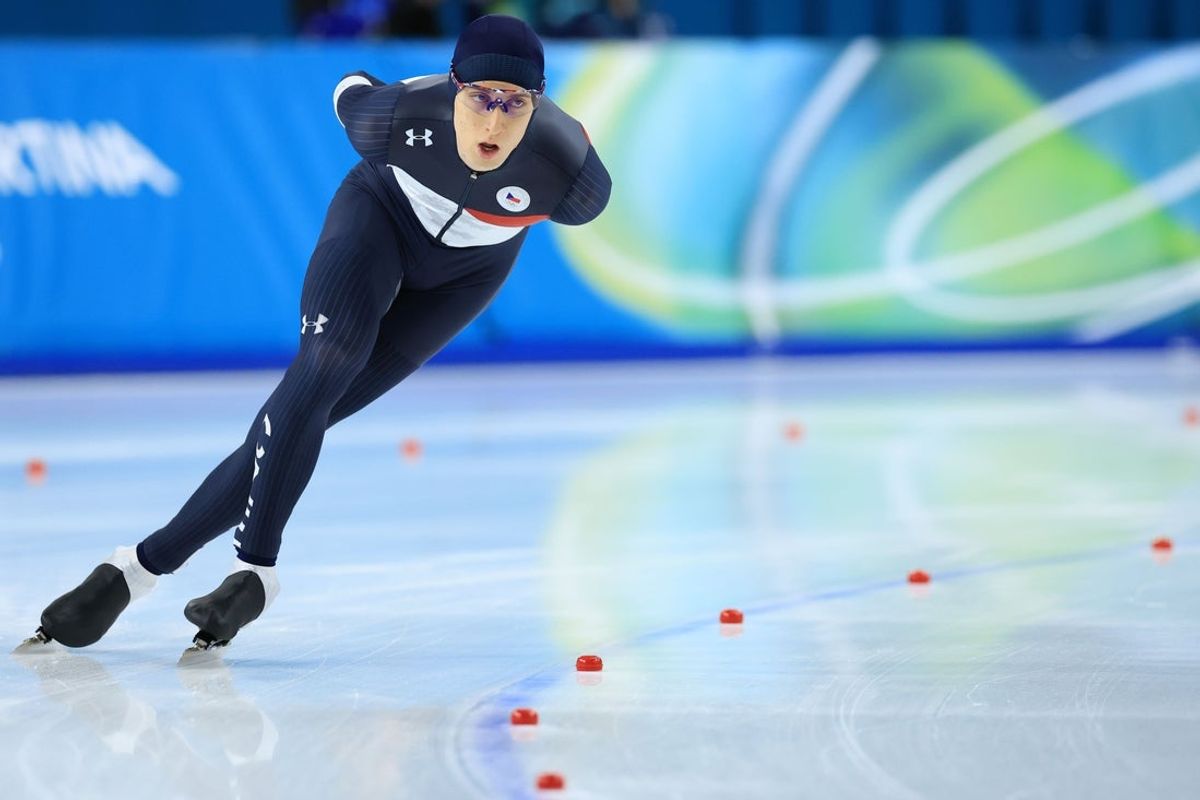 Feb 8, 2026; Milan, Italy; Metodej Jilek of Czechia skates in the men's speed skating 5000m during the Milano Cortina 2026 Olympic Winter Games at Milano Speed Skating Stadium. Mandatory Credit: Katie Stratman-Imagn Images