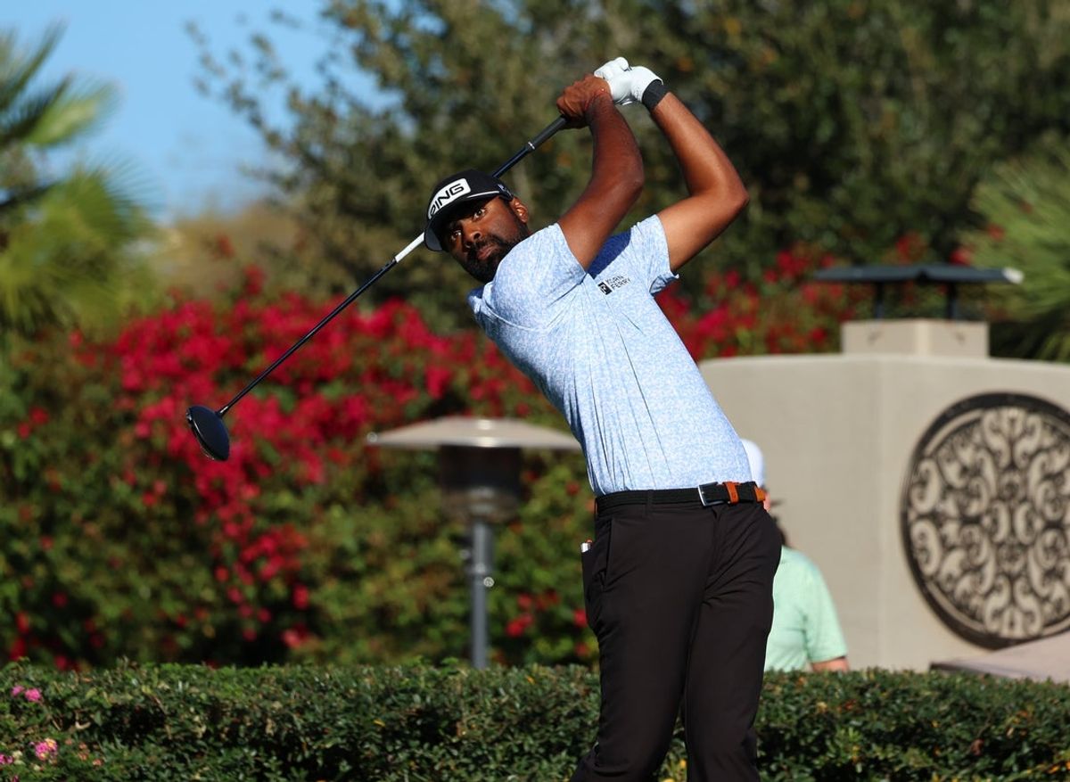Feb 8, 2026; Scottsdale, Arizona, USA; Sahith Theegala of the United States tees off on hole 3 during the final round of the WM Phoenix Open golf tournament. Mandatory Credit: Anna Carrington-Imagn Images
