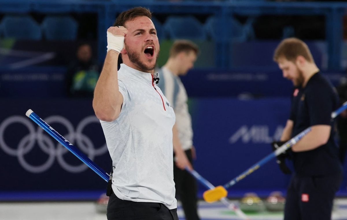 [US, Mexico & Canada customers only] Feb 8, 2026; Cortina d'Ampezzo, ITALY; Korey Dropkin of United States celebrates after defeating Sweden in mixed doubles round robin play during the Milano Cortina 2026 Olympic Winter Games at the Cortina Curling Olympic Stadium. Mandatory Credit: Issei Kato/Reuters via Imagn Images