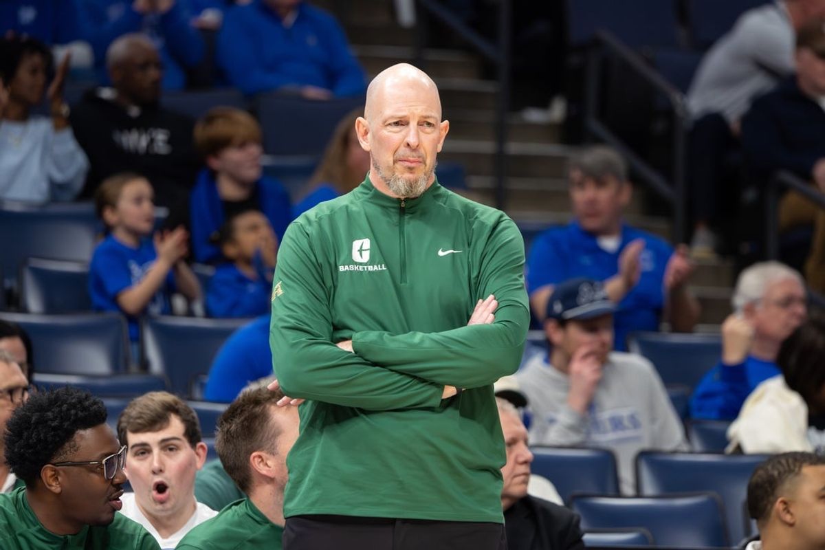 Feb 8, 2026; Memphis, Tennessee, USA; Charlotte 49ers head coach Aaron Fearne looks on during the first half against the Memphis Tigers at FedExForum. Mandatory Credit: Wesley Hale-Imagn Images