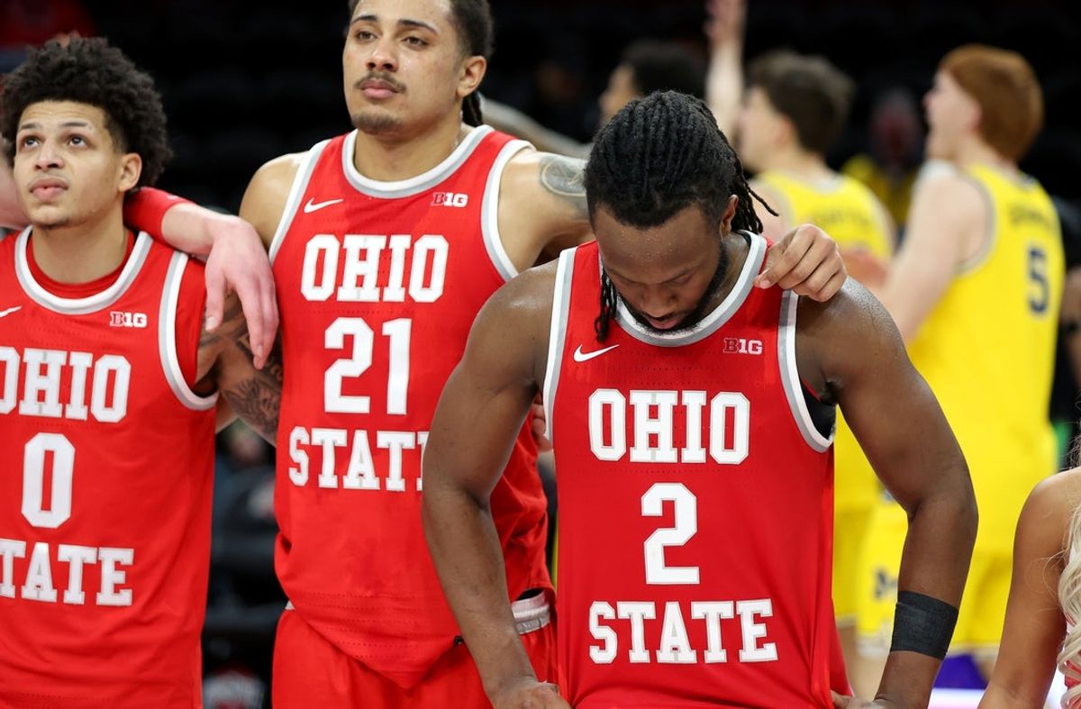Feb 8, 2026; Columbus, Ohio, USA;  Ohio State Buckeyes guard Bruce Thornton (2) reacts after the game against the Michigan Wolverines at Value City Arena. Mandatory Credit: Joseph Maiorana-Imagn Images