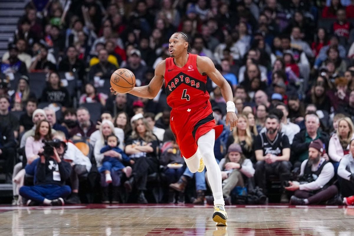 Feb 8, 2026; Toronto, Ontario, CAN;  Toronto Raptors forward Scottie Barnes (4) dribbles downcourt against the Indiana Pacers during the first half at Scotiabank Arena. Mandatory Credit: Kevin Sousa-Imagn Images