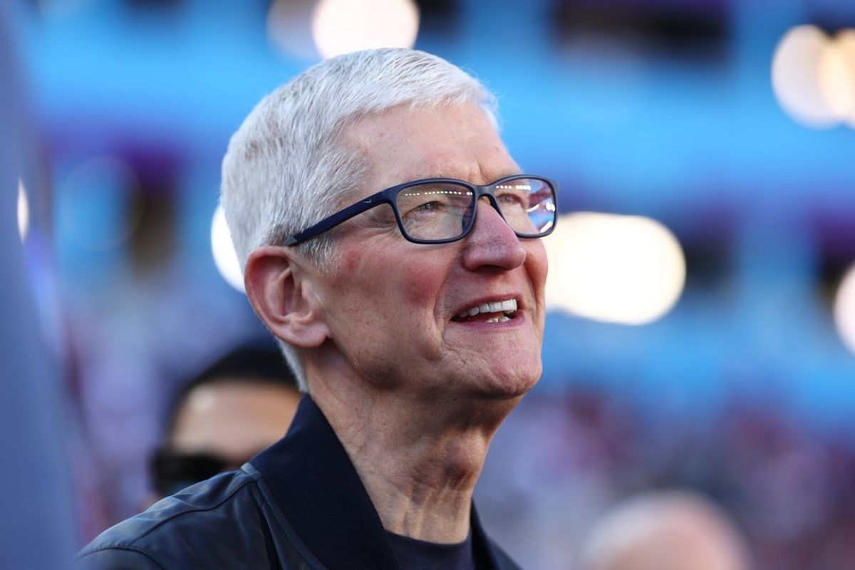 Feb 8, 2026; Santa Clara, CA, USA;  Apple chief executive officer Tim Cook looks on before Super Bowl LX between the Seattle Seahawks and the New England Patriots at Levi's Stadium. Mandatory Credit: Mark J. Rebilas-Imagn Images