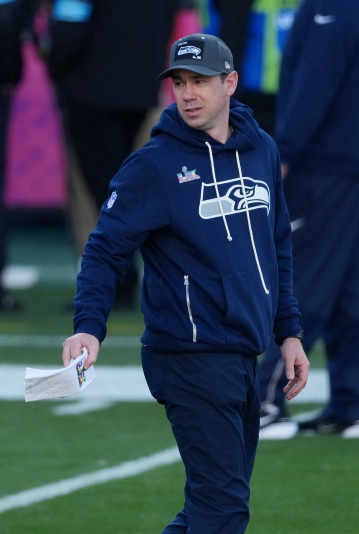 Feb 8, 2026; Santa Clara, CA, USA;  Seattle Seahawks offensive coordinator Klint Kubiak on the field before playing against the New England Patriots in Super Bowl LX at Levi's Stadium. Mandatory Credit: Kirby Lee-Imagn Images