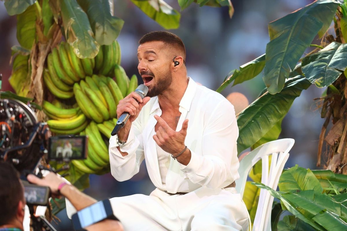 Feb 8, 2026; Santa Clara, CA, USA; Ricky Martin performs in the halftime show in Super Bowl LX between the Seattle Seahawks and the New England Patriots at Levi's Stadium. Mandatory Credit: Mark J. Rebilas-Imagn Images