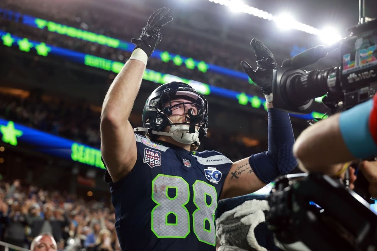 Feb 8, 2026; Santa Clara, CA, USA; Seattle Seahawks tight end AJ Barner (88) celebrates after a touchdown against the New England Patriots during the fourth quarter in Super Bowl LX at Levi's Stadium. Mandatory Credit: Mark J. Rebilas-Imagn Images
