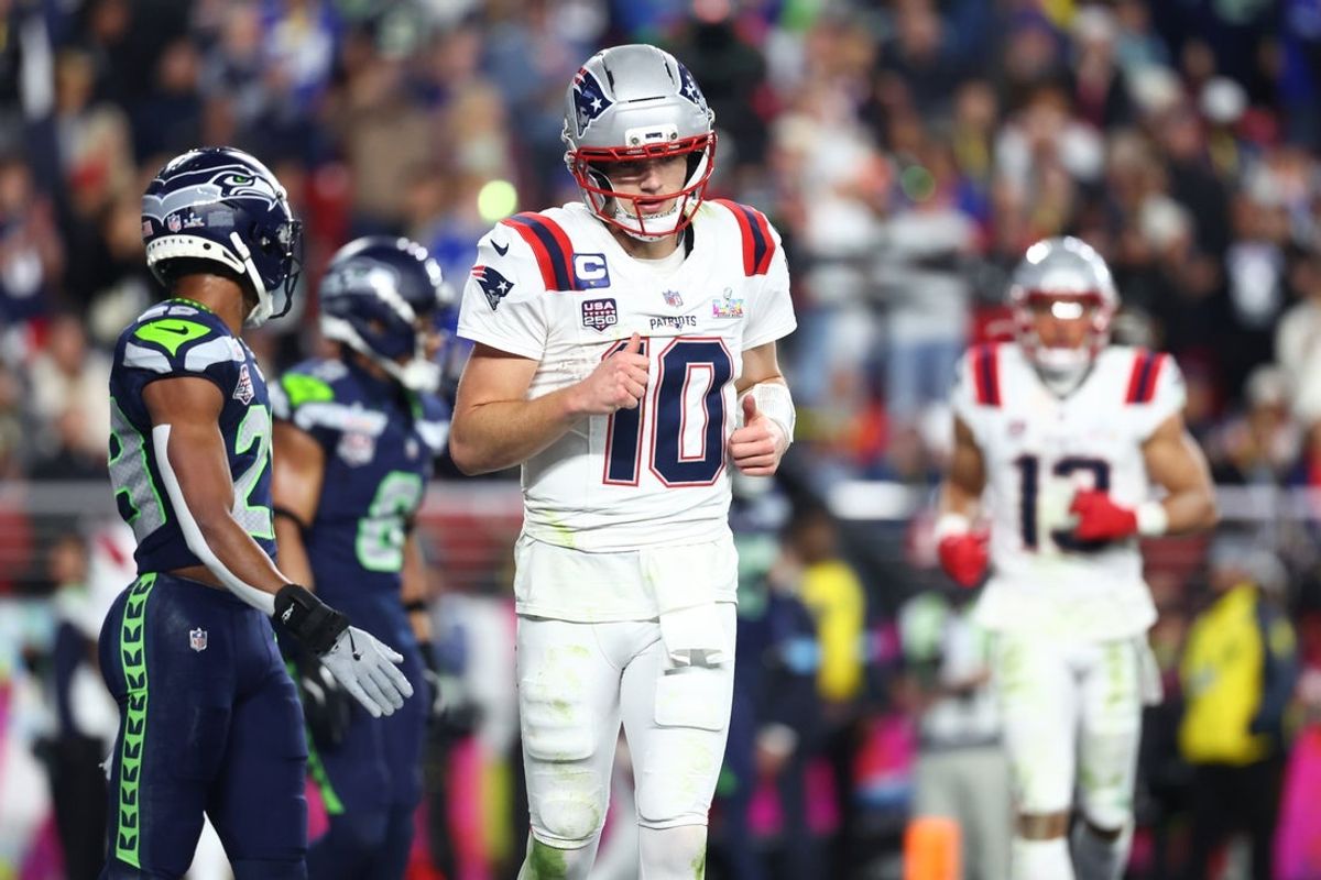 Feb 8, 2026; Santa Clara, CA, USA; New England Patriots quarterback Drake Maye (10) looks on during the fourth quarter against the Seattle Seahawks in Super Bowl LX at Levi's Stadium. Mandatory Credit: Mark J. Rebilas-Imagn Images