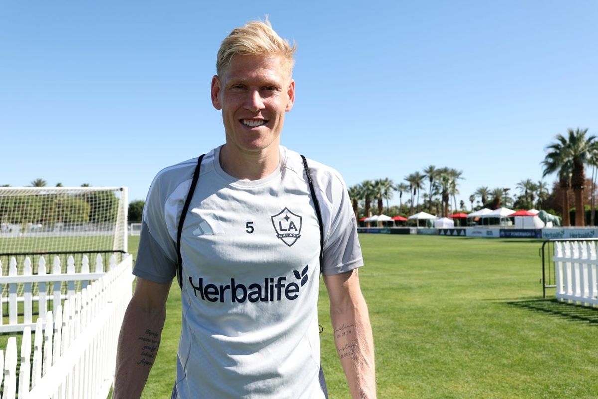 Feb 8, 2026; Indio, California, USA;  LA Galaxy defender Jakob Glesnes (5) poses for a photo after the MLS preseason match against Chicago Fire FC at Empire Polo Club. Mandatory Credit: Kiyoshi Mio-Imagn Images