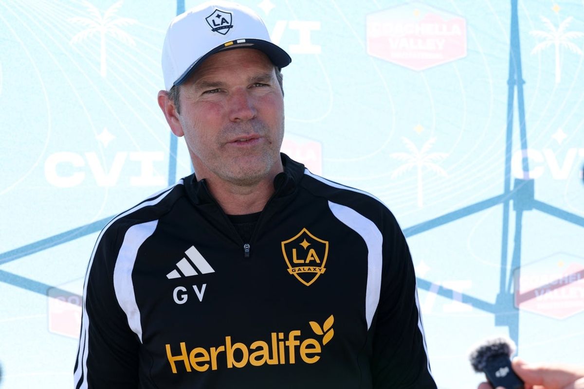 Feb 8, 2026; Indio, California, USA;  LA Galaxy forward head coach Greg Vanney speaks to the media after the MLS preseason match against Chicago Fire FC at Empire Polo Club. Mandatory Credit: Kiyoshi Mio-Imagn Images