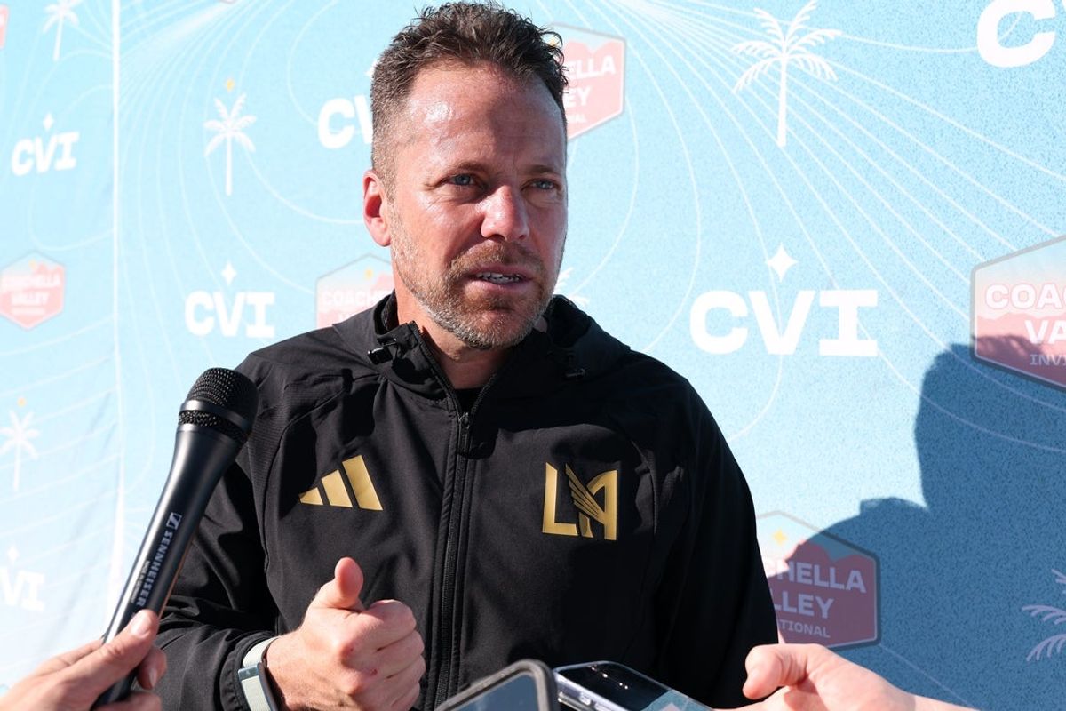 Feb 8, 2026; Indio, California, USA;  LAFC head coach Marc Dos Santos speaks to the media after the MLS preseason match against New York City FC at Empire Polo Club. Mandatory Credit: Kiyoshi Mio-Imagn Images