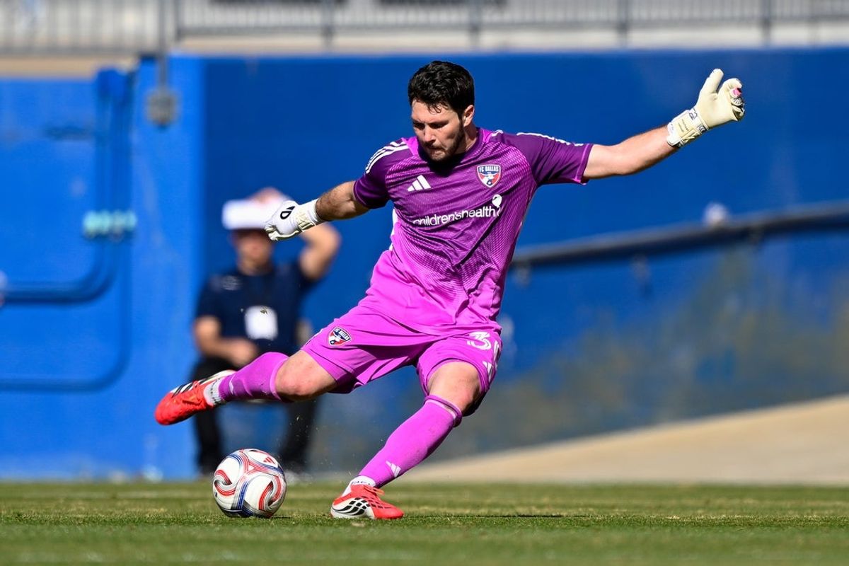 Feb 7, 2026; Frisco, Texas, USA; FC Dallas goalkeeper Michael Collodi (30) kicks the ball during the game between FC Dallas and New York Red Bulls at Toyota Stadium. Mandatory Credit: Jerome Miron-Imagn Images