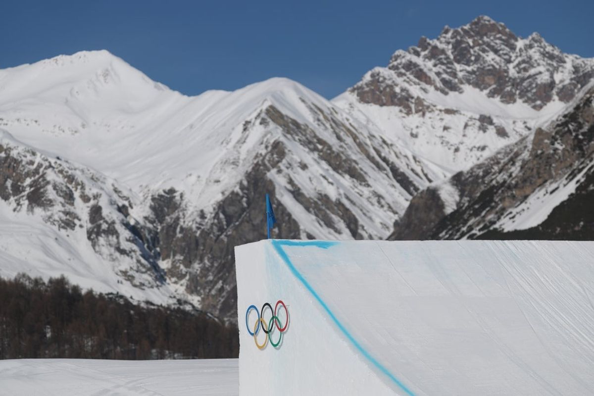 Feb 9, 2026; Livigno, Italy; General view of a jump on the course in the women's freestyle skiing slopestyle final during the Milano Cortina 2026 Olympic Winter Games at Livigno Snow Park. Mandatory Credit: Nathan Ray Seebeck-Imagn Images