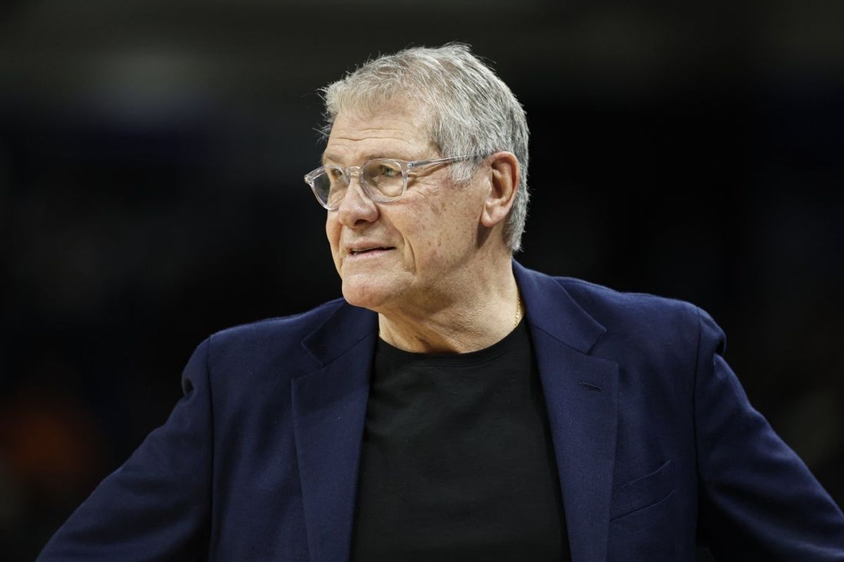 Feb 4, 2026; Chicago, Illinois, USA; UConn Huskies head coach Geno Auriemma looks on during the second half at Wintrust Arena. Mandatory Credit: Kamil Krzaczynski-Imagn Images
