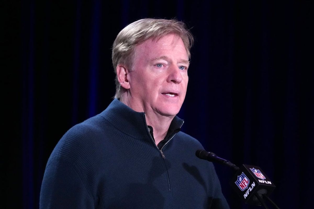 Feb 9, 2026; San Francisco, CA, USA; NFL commissioner Roger Goodell speaks at the Super Bowl LX host committee handoff press conference at Moscone Center. Mandatory Credit: Kirby Lee-Imagn Images