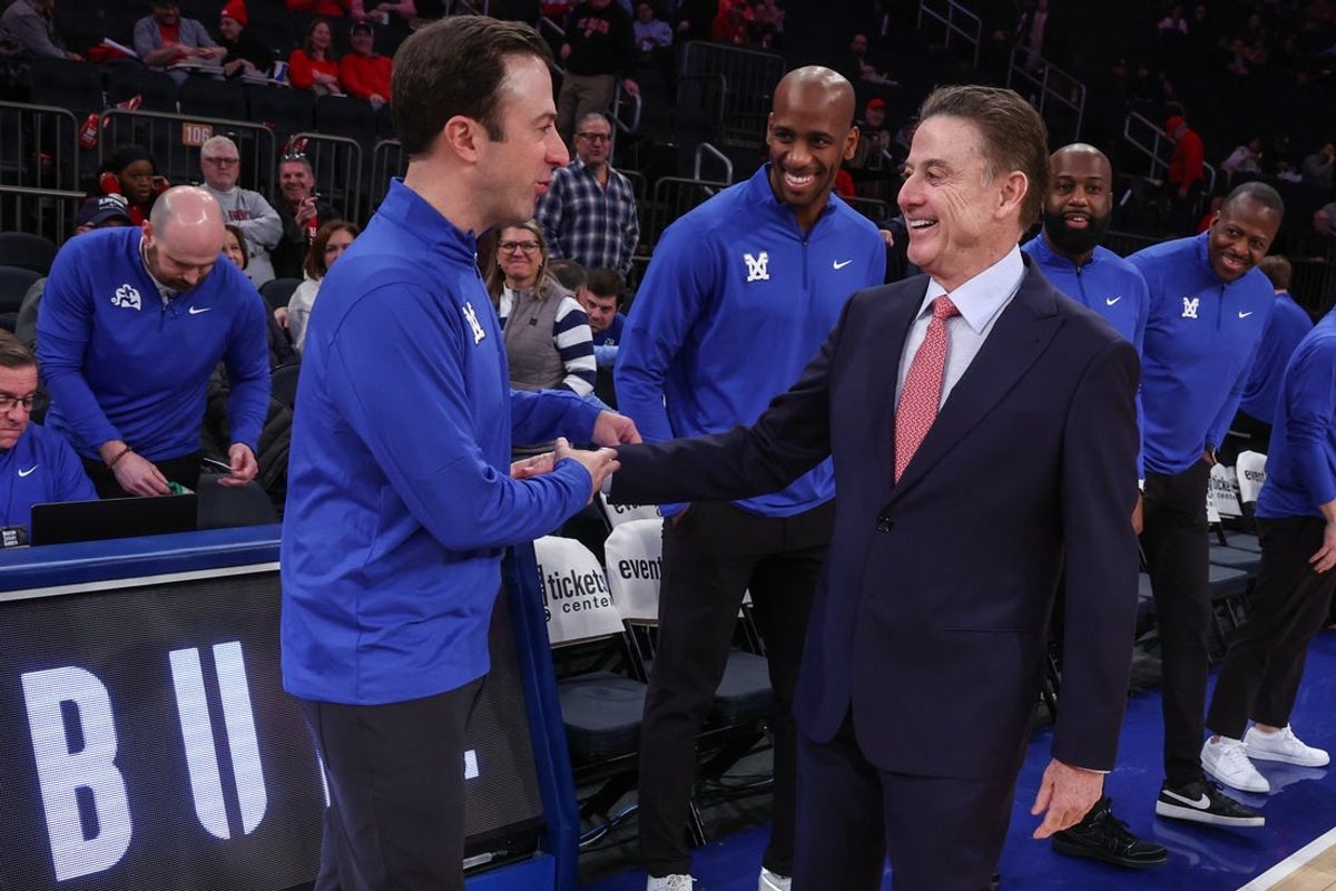 Feb 9, 2026; New York, New York, USA;  Xavier Musketeers head coach Richard Pitino is greeted by St. John's Red Storm head coach Rick Pitino at Madison Square Garden. Mandatory Credit: Wendell Cruz-Imagn Images
