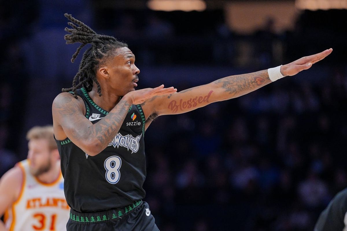 Feb 9, 2026; Minneapolis, Minnesota, USA; Minnesota Timberwolves guard Bones Hyland (8) celebrates his basket against the Atlanta Hawks in the second quarter at Target Center. Mandatory Credit: Brad Rempel-Imagn Images