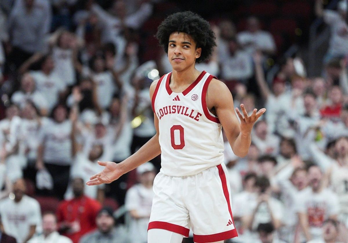 Louisville Cardinals guard Mikel Brown Jr. (0) was unfazed after he scored 45 points with 10-for-16 3-point shooting as the Cards roll past NC State 118-77 at the KFC Yum! Center in downtown Louisville February 9, 2026.