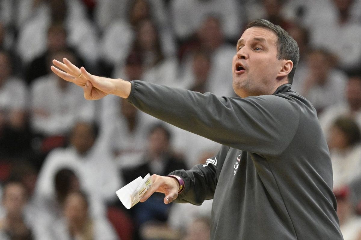 Feb 9, 2026; Louisville, Kentucky, USA;  NC State Wolfpack head coach Will Wade calls out instructions during the first half against the Louisville Cardinals at KFC Yum! Center. Louisville defeated N.C. State 118-77. Mandatory Credit: Jamie Rhodes-Imagn Images