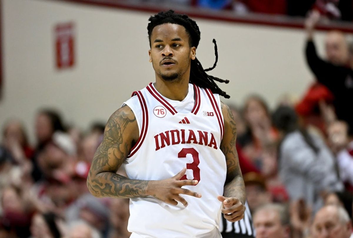 Feb 9, 2026; Bloomington, Indiana, USA; Indiana Hoosiers guard Lamar Wilkerson (3) celebrates after a play against the Oregon Ducks during the first half at Simon Skjodt Assembly Hall. Mandatory Credit: Robert Goddin-Imagn Images
