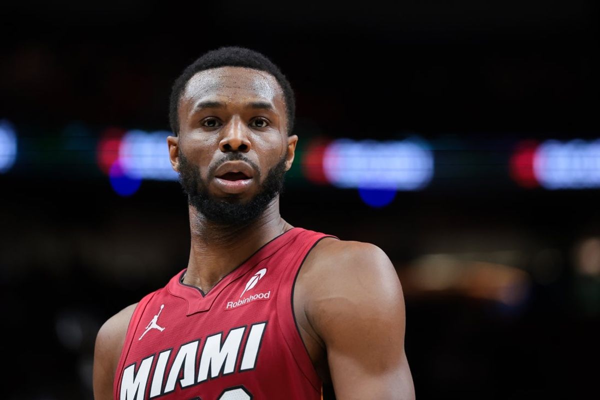 Feb 9, 2026; Miami, Florida, USA; Miami Heat forward Andrew Wiggins (22) looks on against the Utah Jazz during the third quarter at Kaseya Center. Mandatory Credit: Sam Navarro-Imagn Images