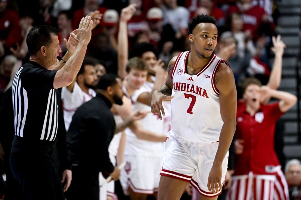 Feb 9, 2026; Bloomington, Indiana, USA; Indiana Hoosiers guard Nick Dorn (7) celebrates after a play against the Oregon Ducks during the second half at Simon Skjodt Assembly Hall. Mandatory Credit: Robert Goddin-Imagn Images