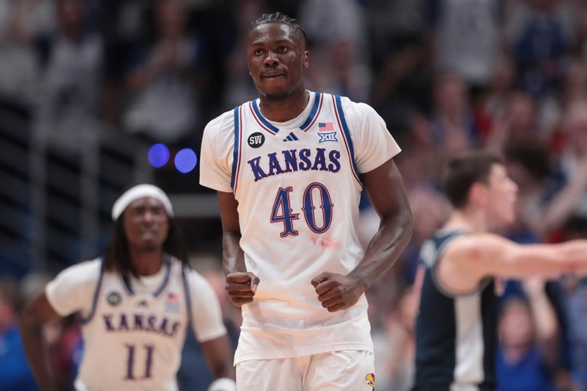 Kansas Jayhawks forward Flory Bidunga (40) reacts after blocking a shot by Arizona Wildcats during the game inside Allen Fieldhouse on Feb. 9, 2026.
